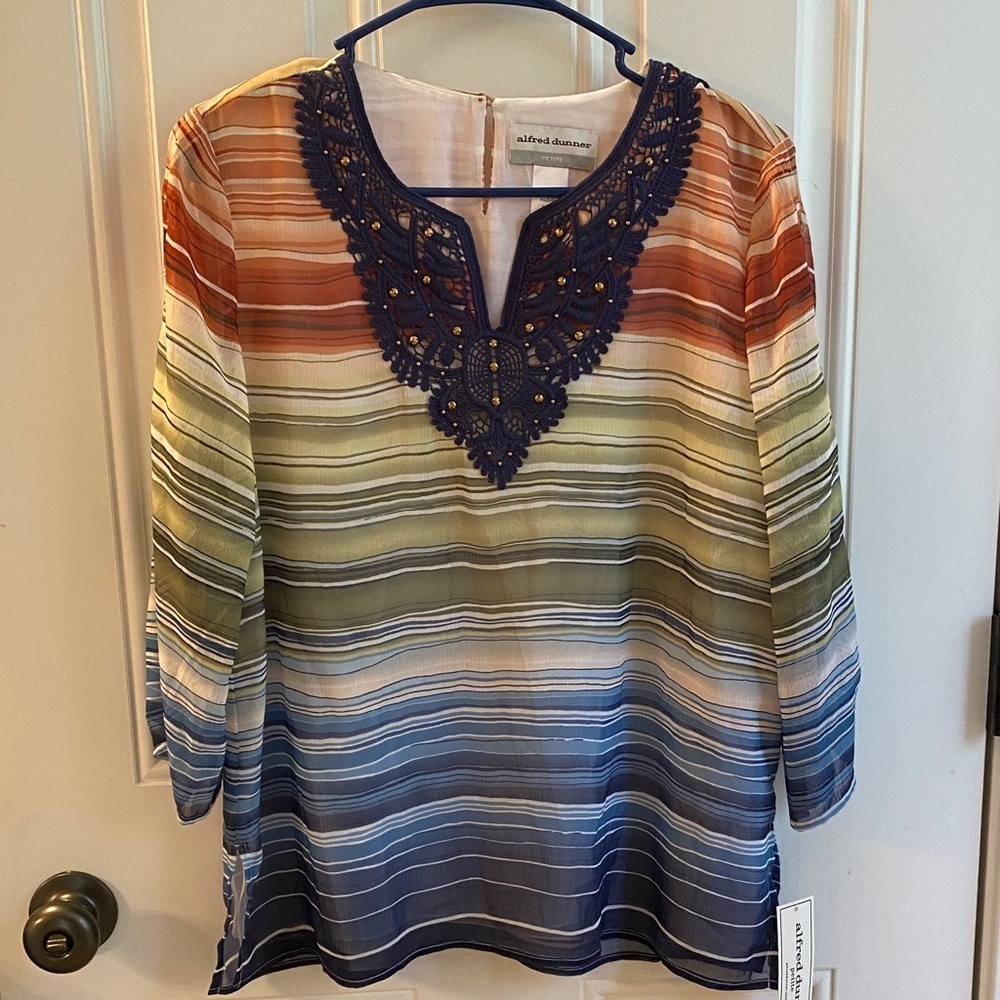 Alfred Dunner Striped Top with Blue Lace Accent